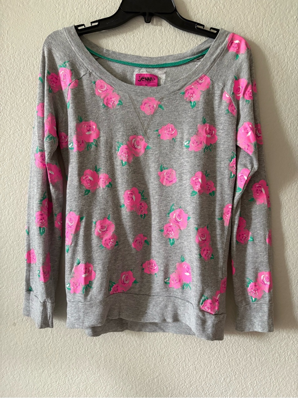 Jenni Gray Crewneck Sweater with Bright Pink Rose Print